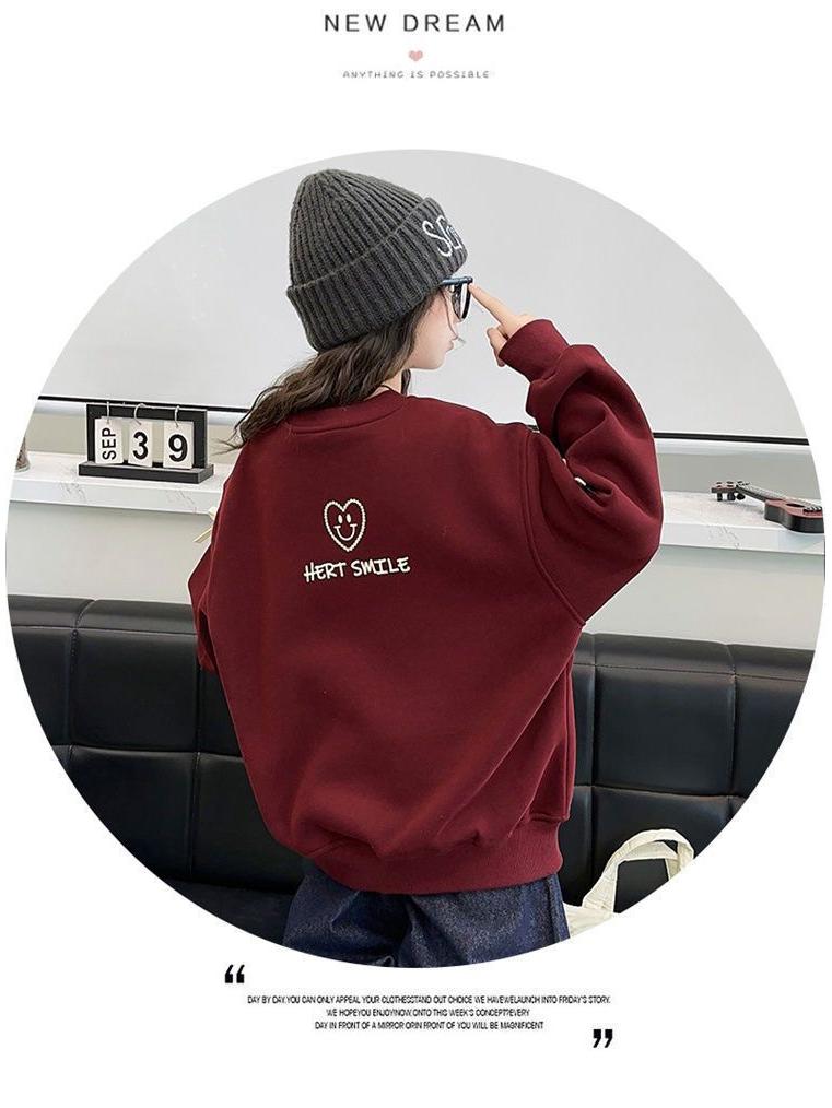 Girls' Fleece-Lined Spliced Sweatshirt: Stylish Autumn/Winter Pullover for Kids