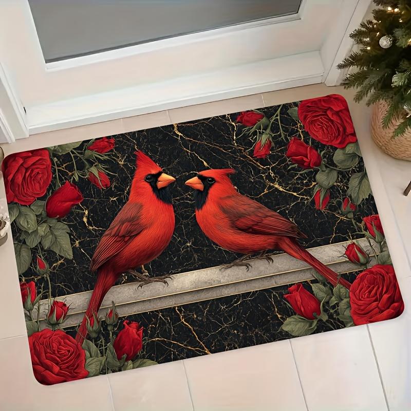 1pc Flannel Mat, Cardinal Bird Red Rose Black Marble Print Entrance Door Mat Bedroom Kitchen Bathroom Non-Slip Foot Mat Home Door Decor