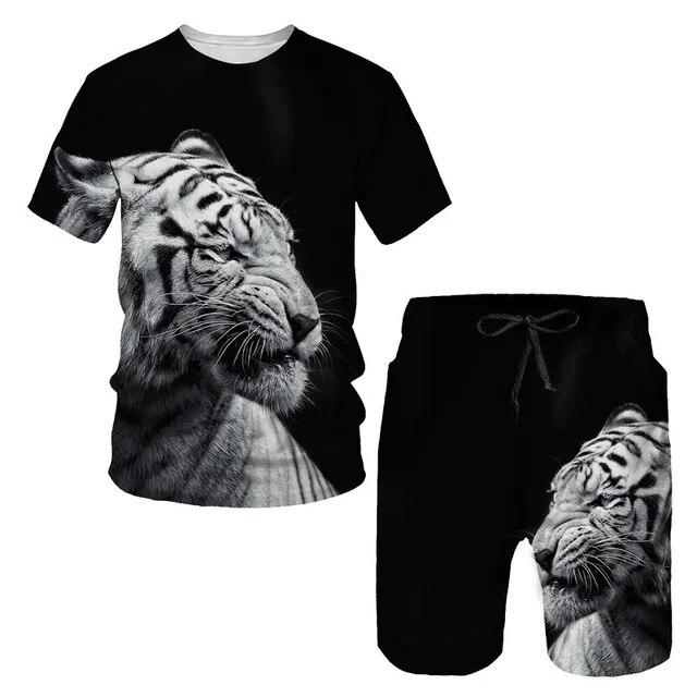 Tricou/costumul cu imprimeu 3D The Tiger, cu mâneci scurte, cu gâtul O, pantaloni de plajă pentru bărbați, set de 2 bucăți, îmbrăcăminte sport pentru cuplu, pantaloni scurți de înot