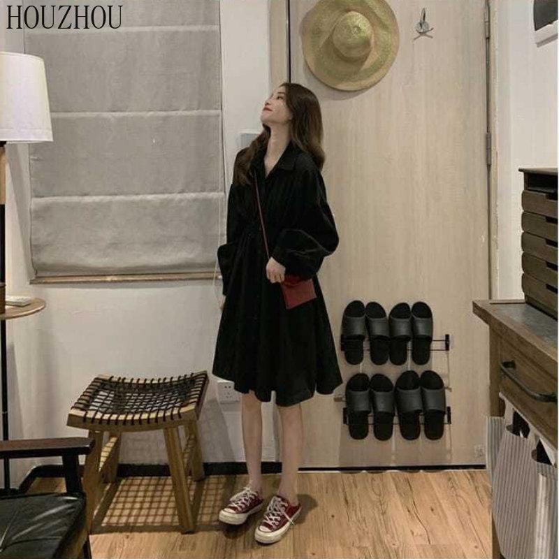 HOUZHOU Hvit skjortekjole Dame Langermet koreansk Klassisk Basic Chic Elegant Svart Midikjole med høy midje
