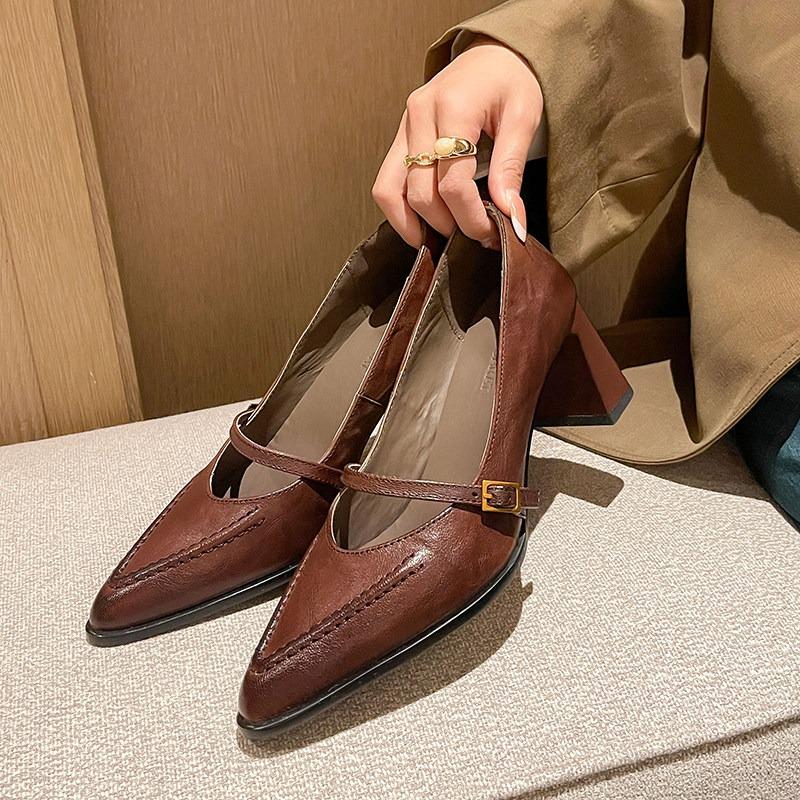 

2026 New Retro Pointed Toe Block Heel One Strap French Mary Jane Shoes High Heels Single Shoes Women s Block Heel 42 коричневий
