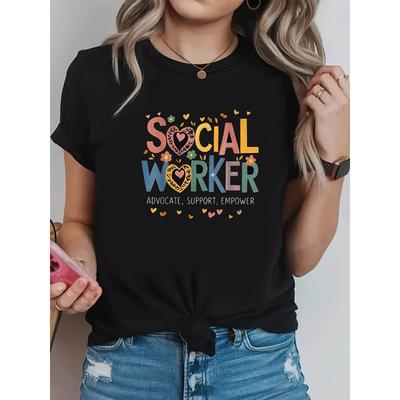 Damen T-Shirt mit Herz-Blumenprint für Sozialarbeiter, lässiges Rundhals-Kurzarm-Oberteil für den Alltag
