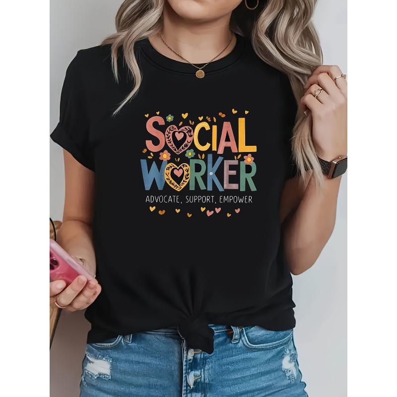 

Women s Social Worker Heart Floral Print T-Shirt Casual Crew Neck Short Sleeve Daily Top S чёрный
