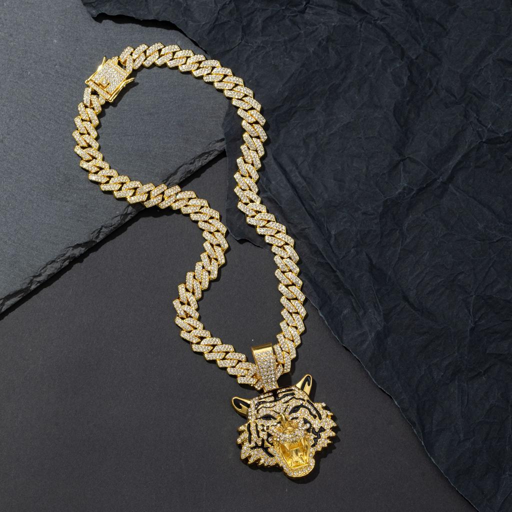 Zinc Alloy Tiger Pendant Necklace Men European American Domineering Punk Hip Hop Cool Full Zircon Personalized Cuban Chain Neck Jewelry Gift