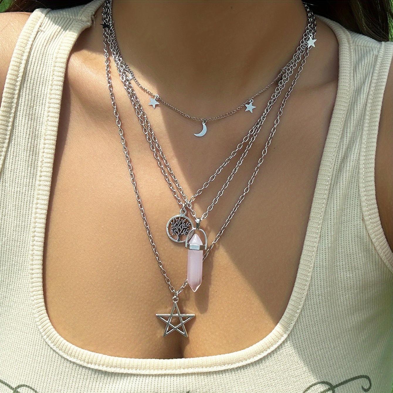 

Многослойное ожерелье с подвеской в ​​виде пентаграммы и призмы с розовым искусственным кристаллом, модные украшения для подарков и женской повседневной одежды