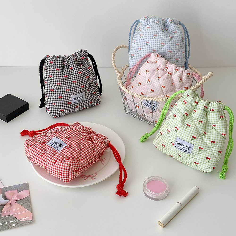 Cute Girl Cartoon Drawstring Makeup Bag Student Cherry Print Toiletry Pouch Travel Portable Cosmetic Storage Bag Make Up Pouch