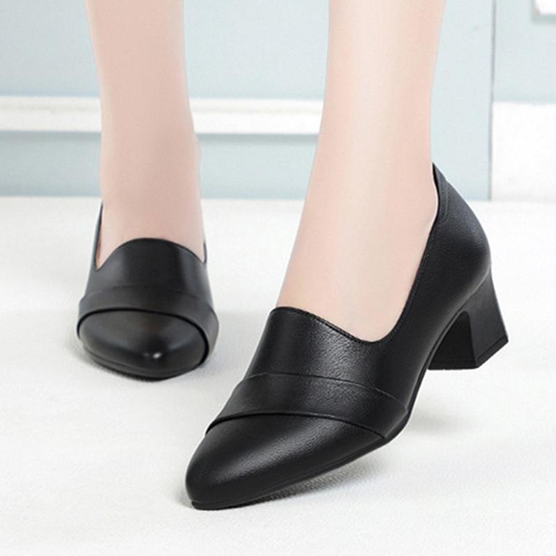 Fashion New Middle-aged Women's Pumps PU Leather Soft Sole  Non-slip Genuine Leather Casual 2024 Spring Non-slip Mid-heel Single Shoes
