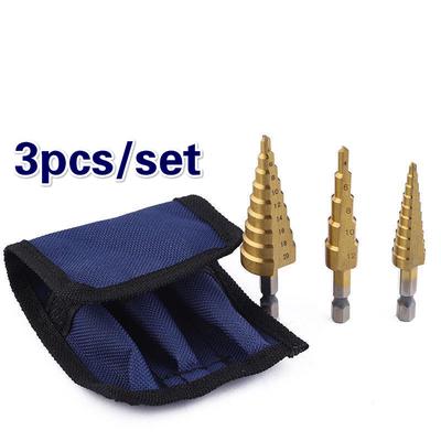 3pcs Step Drill Bit Set Titanium Cone Hole Cutter HSS High Speed Tool Pouch