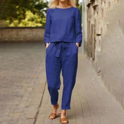 Pants Top Suit Round Neck Solid Color Breathable Sweat Absorption Elastic Waist Long Pants Shirt Two-piece Suit for Women