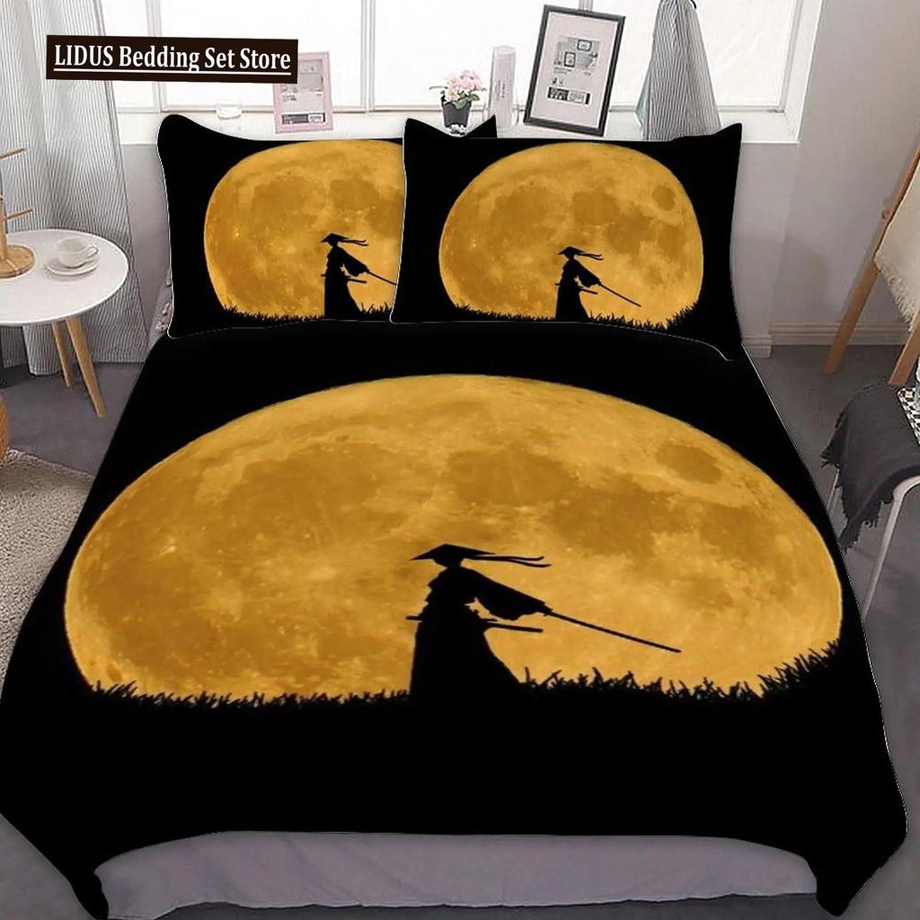Japanischer Schwarz-Weiß-Tuschestil Samurai-Schwert Rote Sakura 3D Bettbezug-Set Queen-Size Bushido-Kultur Bettwäsche-Set Bettdecken-Set
