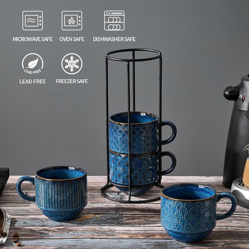 Großes Keramik-Kaffeebecher-Set mit Ständer, 15 oz Stapelbar Verschiedene Prägungen Geripptes Latte-Tassen-Set für Cappuccino