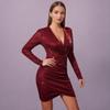 Red Sequin V-neck Evening Party Dress with Regular Sleeves