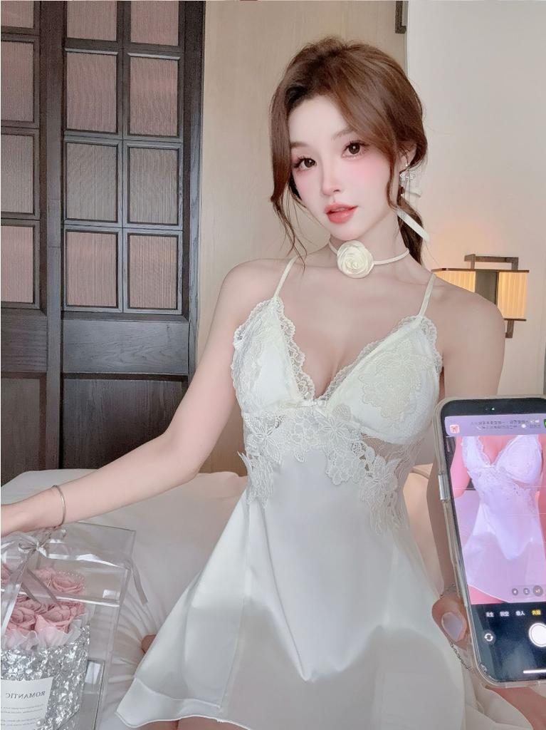 Sexy Pajamas Women's Ice Silk Summer with Chest Pad, Beautiful Back Lace, Water-soluble Flower Suspender, Nightdress, Pure Desire Style Loungewear