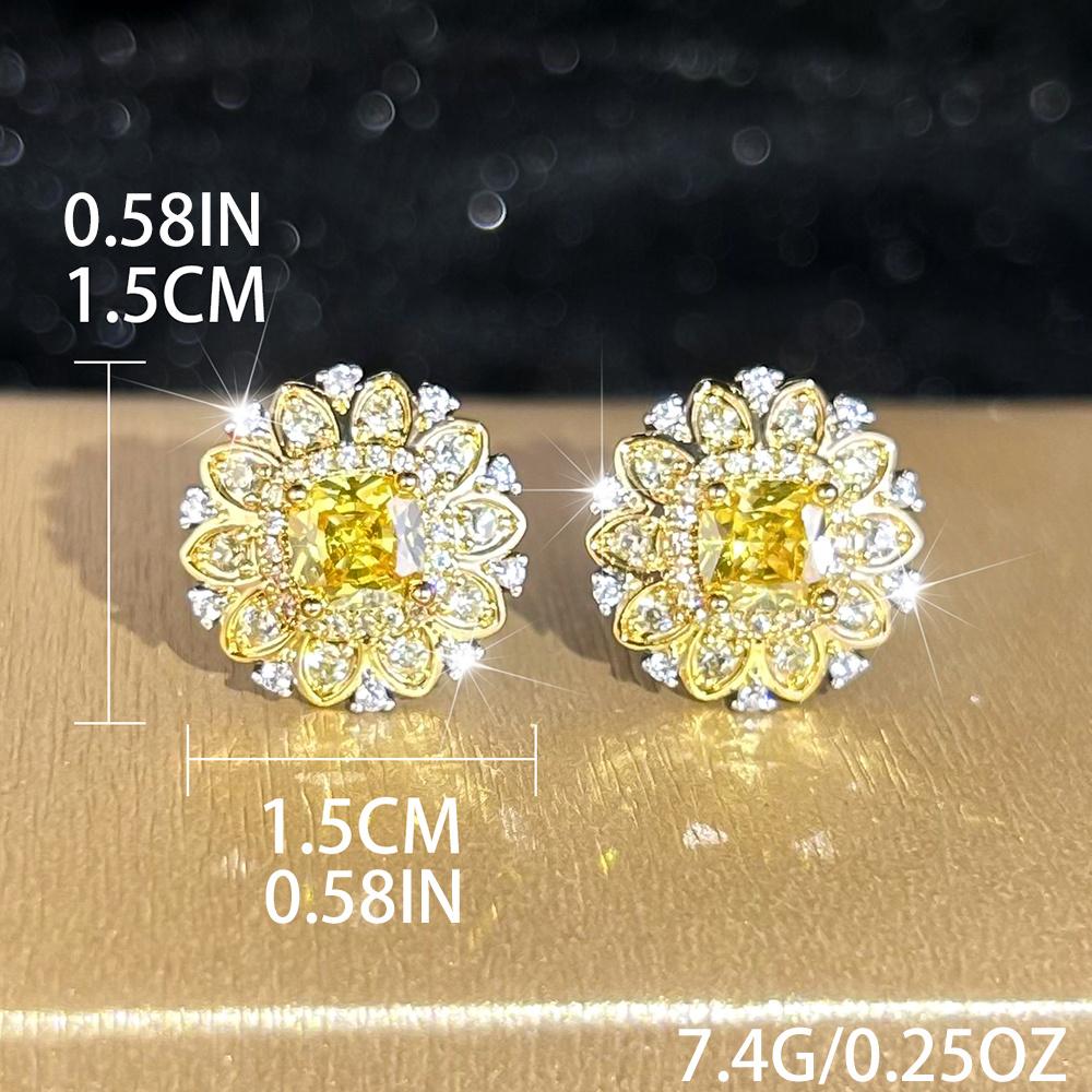 Trendy Sun Flower Yellow Crystal Square Stone Stud Earrings For Women Vintage Gold Color Wedding Earring Valentine Jewelry Gifts
