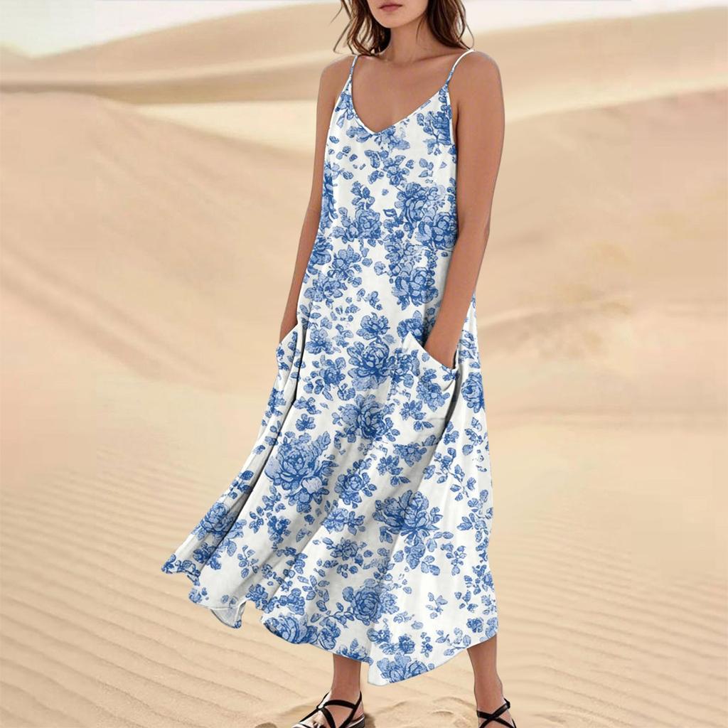 Damenmode Lässig Ärmellos Tasche Langes Strandkleid mit Blumendruck