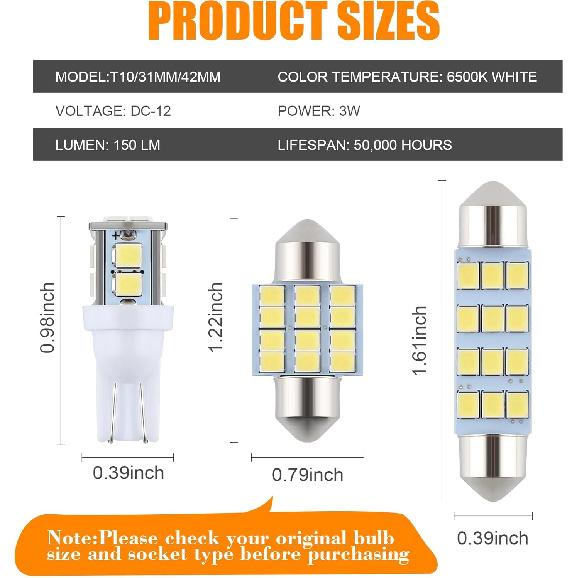 24 Pieces Dome Light LED Car Interior Bulb Kit Set 194 T10 DE3175 578 31Mm 42Mm Bulbs Interior Replacement Lights For Car Map License Plate Door Side