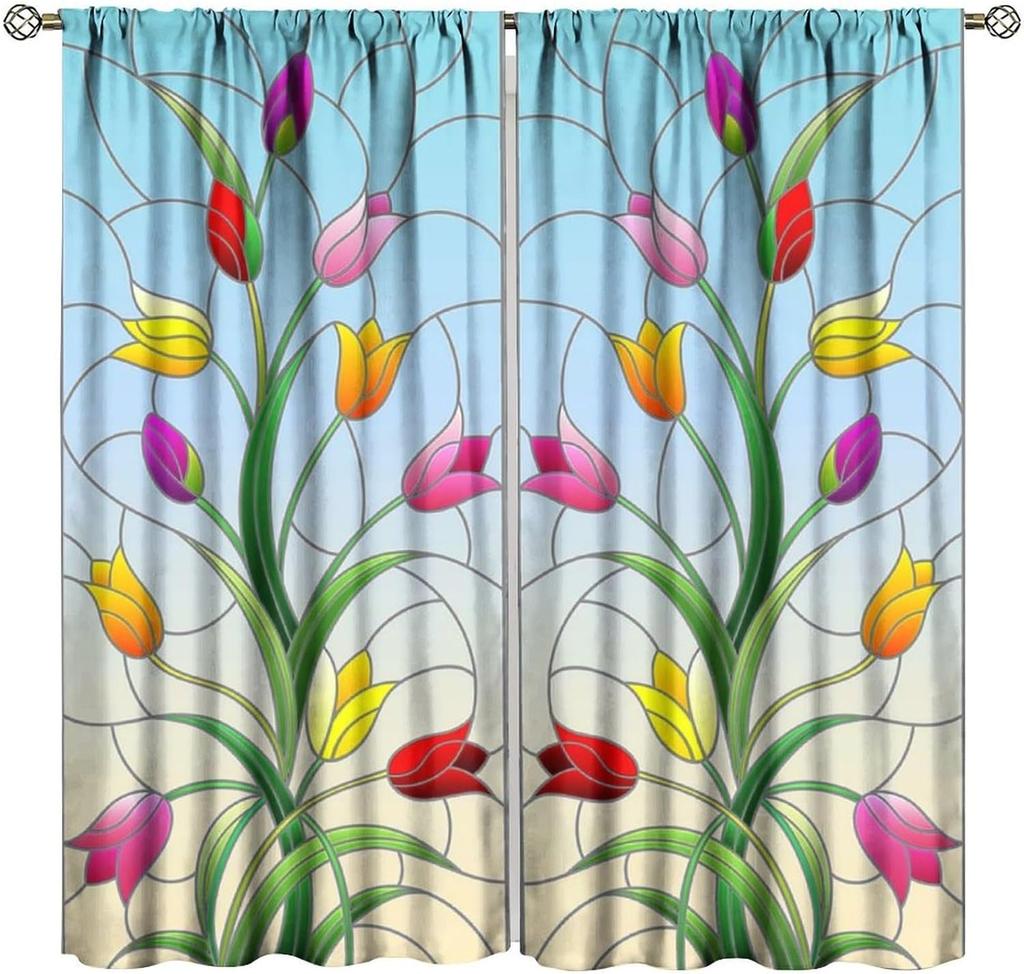 Stained Glass Blackout Window Curtains, Autumn Forest Mosaic Art Beautiful Nature Scenery Stained Glass Home Kitchen Livingroom