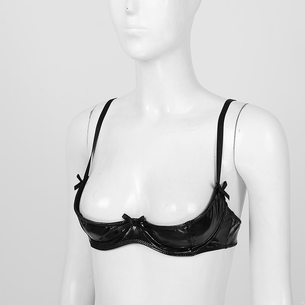 Women Patent Leather Bra Underwired Unlined Brassiere Glossy Design Adjustable Shoulder Straps Lingerie Top