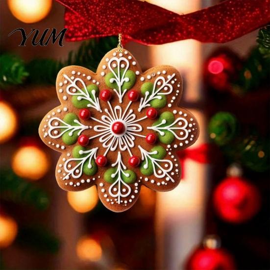 Indoor Hanging Decor 2D Acrylic Christmas Ornament, Gingerbread Snowflake Red Berry Decoration Decorative Holiday Pendants for Xmas Tree, Car Rearview