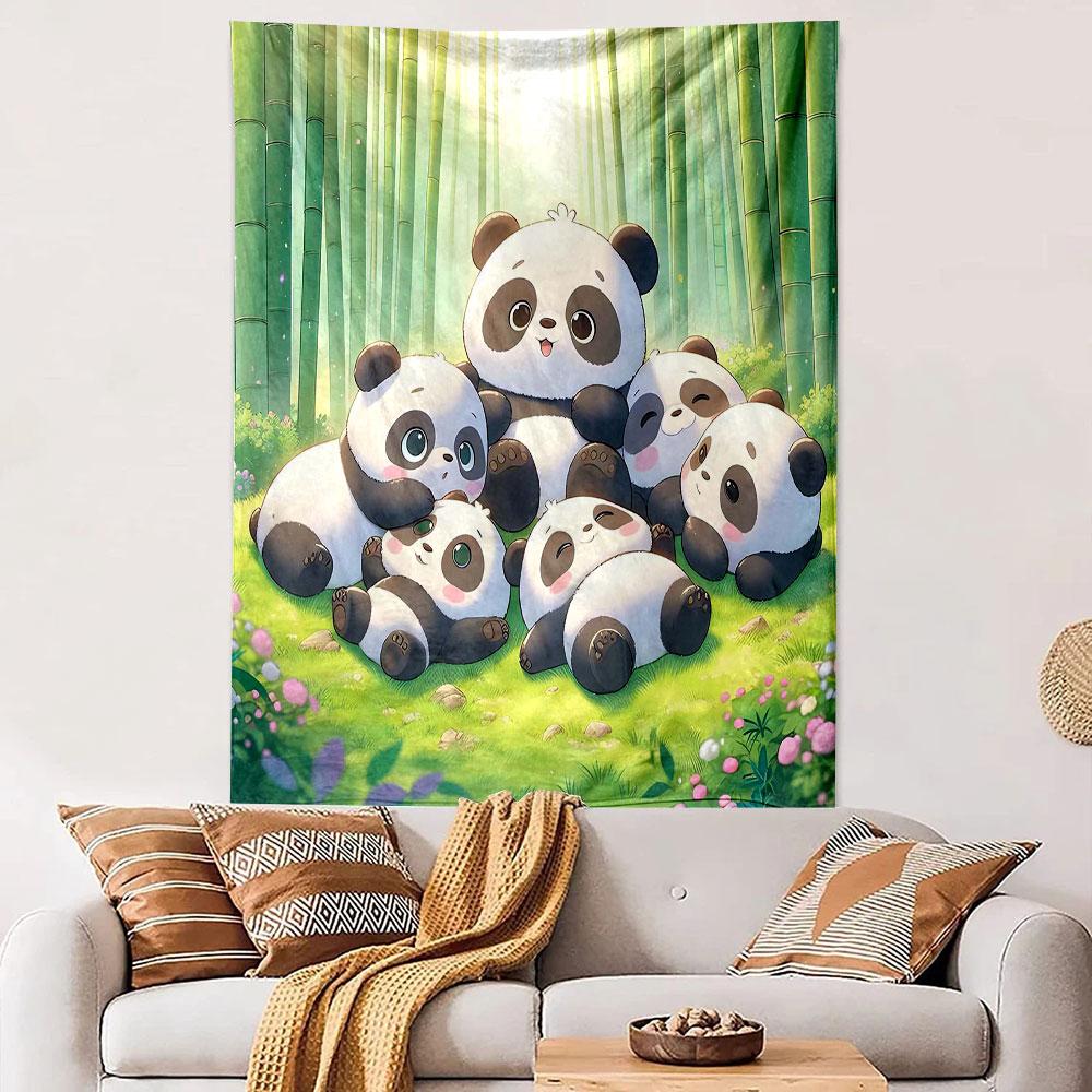 Cute Panda Family in Bamboo Forest Patterned Tapestry Decorative Wall Hanging, Home Bedroom Living Room Decor