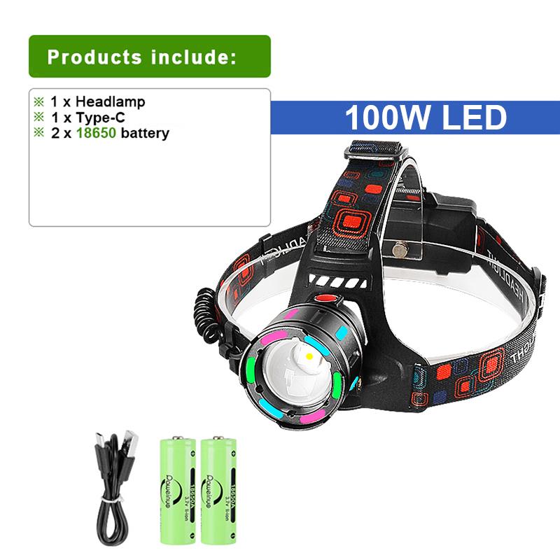 Headlamp Powerful 100W LED Head Light High Lumen 5000LM Head Lantern Fishing Head Flashlight Fluorescent Light Lamp