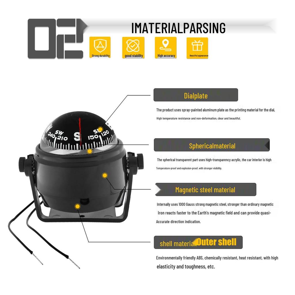 High Precision Car Compass with Adjustable Magnetic Declination and Light