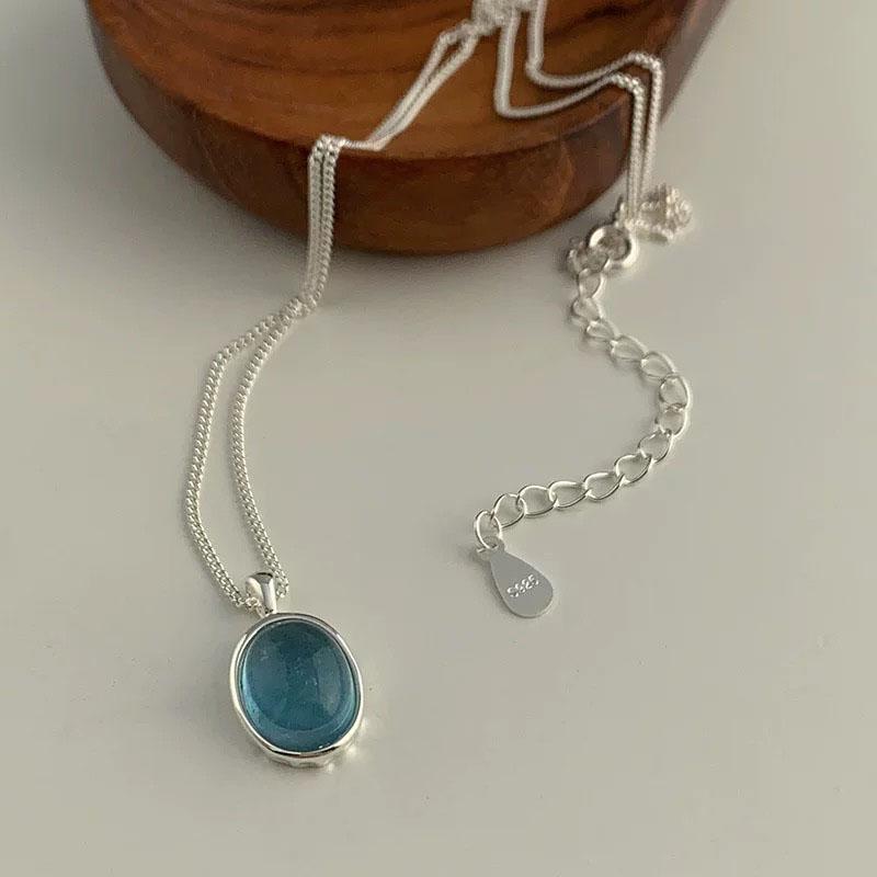 

S925 Sterling Silver Necklaces For Women Simple Chain Fashion Minimalist Pendant Necklaces Blue Stone Necklace Birthday Gift