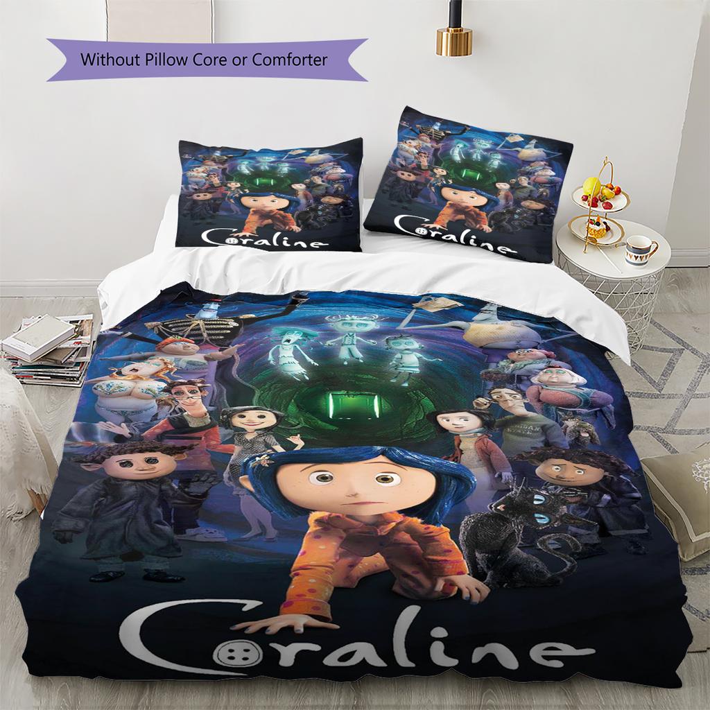 Kreskówkowy Wzór Coraline Pościel Zestaw Kołdry Poszewka na Kołdrę Poszewka na Poduszkę Dekoracja Domu Prezent (1 * poszwa na kołdrę + 2 * poszewki na poduszki, bez rdzenia)