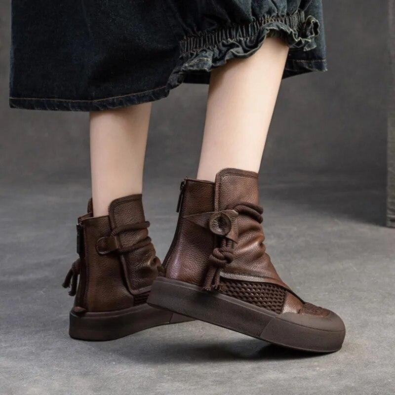 Johnature Hohle, atmungsaktive Retro-Sommerstiefel aus echtem Leder mit Reißverschluss hinten und römischen Sandalen mit dicker Sohle für Damen