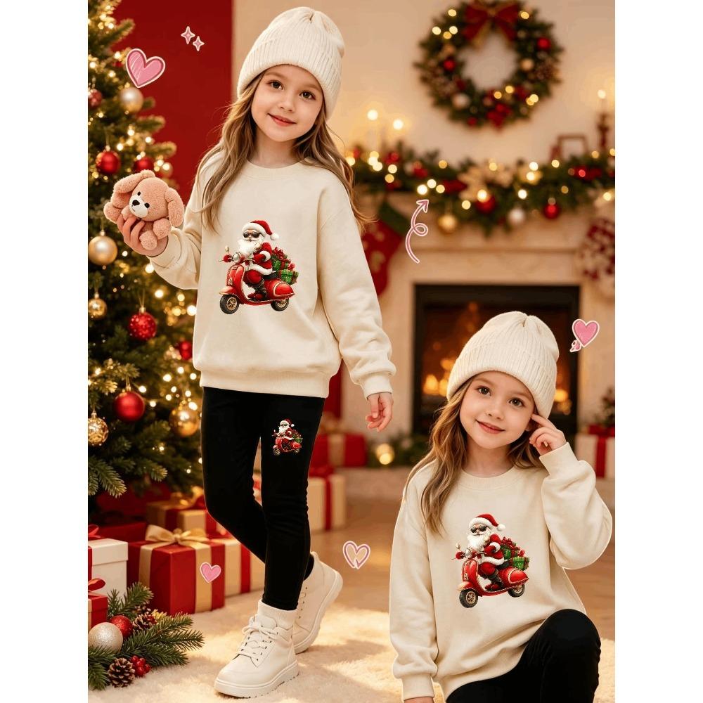 Girls' Santa Motorcycle Casual Comfortable Soft Loose Pullover Sweatshirt and Leggings 2-Piece Set, New Autumn/Winter, Playful, Sweet and Cool Style
