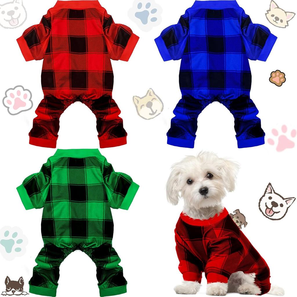 3 Pieces Christmas Dog Pajamas Red Buffalo Plaid Jumpsuit Puppy Pet Pajamas Buffalo Check Cute Apparel for Small Medium Dog Cat Chihuahua Puppy