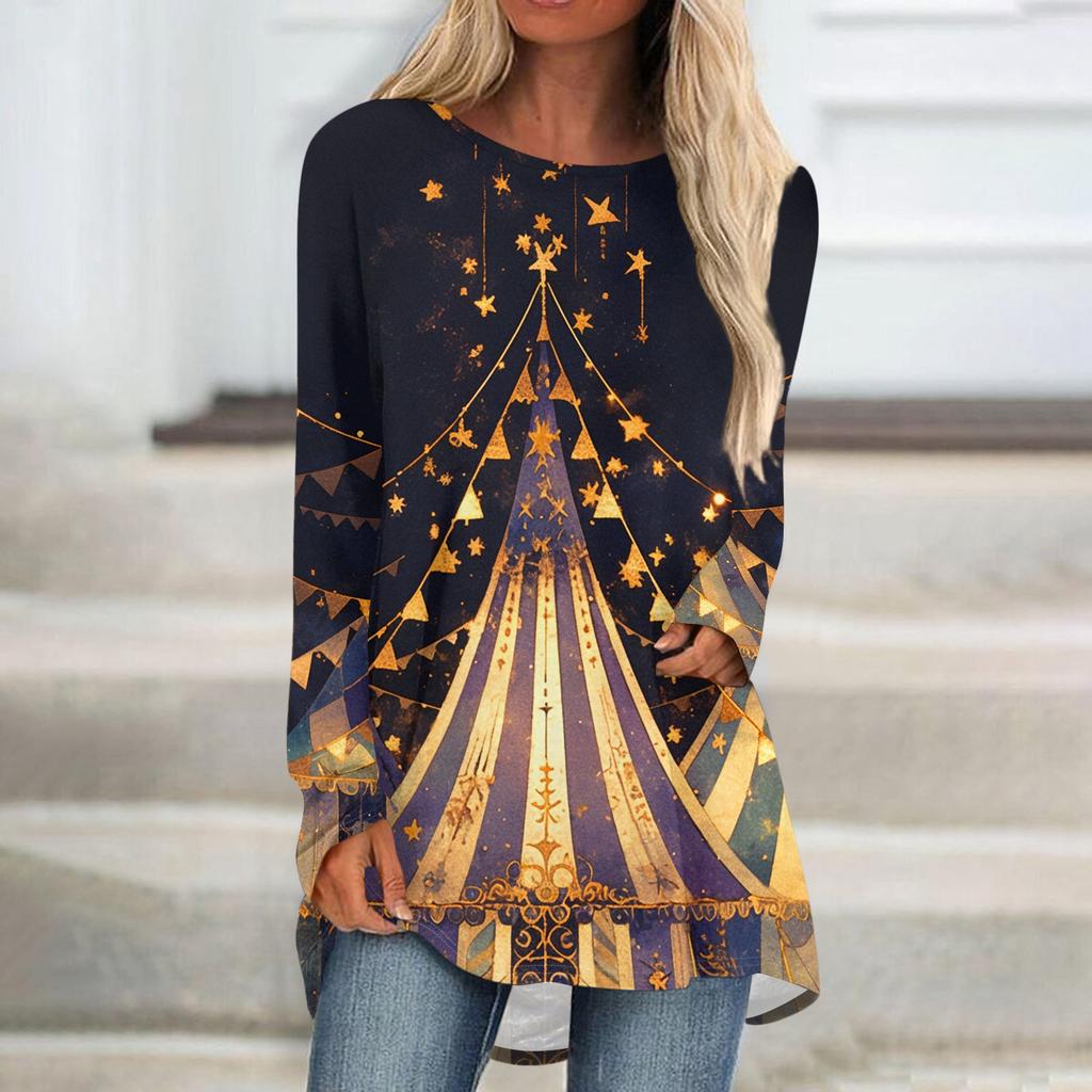 Women's Fashionable Round Neck Raglan Long Sleeved Carnival Printed Casual Pullover Top