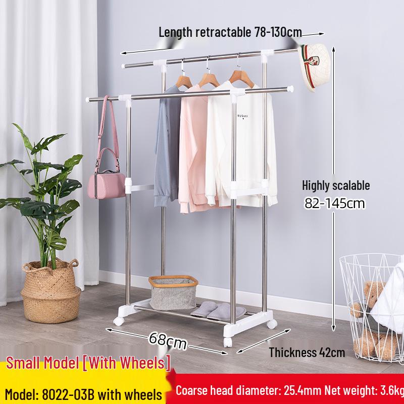 Floor-Standing Double-Rod Mobile Drying Rack, Retractable Stainless Steel Clothes Pole for Home and Balcony