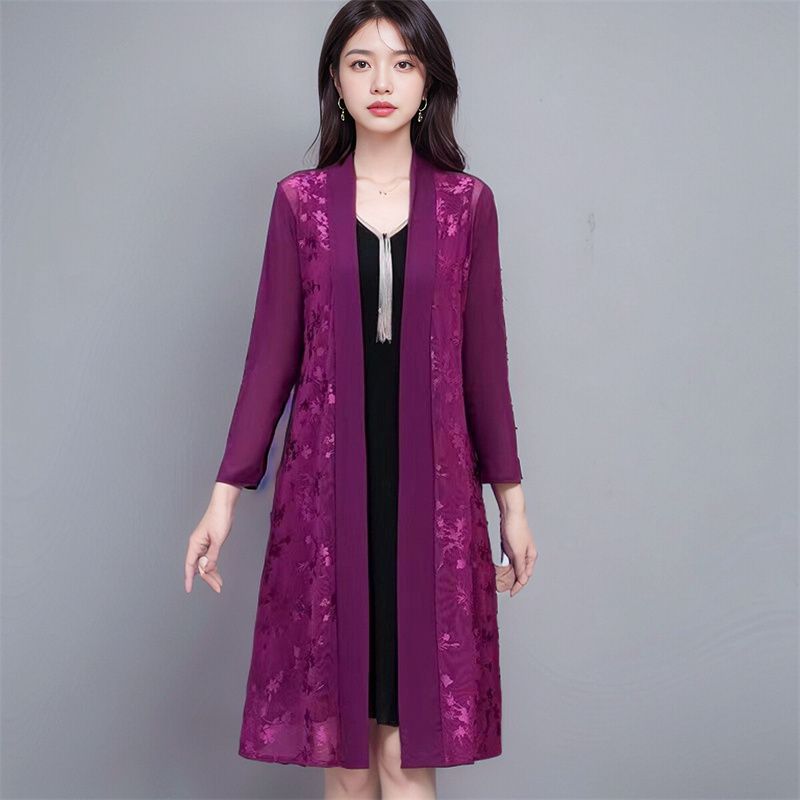 Eisseide-Jacquard-Sonnenschutzkleidung für Frühling und Sommer, Damen-Spitzenschal, mittellange Netz-Strickjacke, dünne Jacke