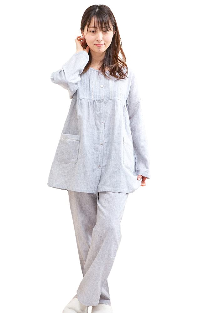 Eye Double Gauze Cotton Pajamas with Front Suitable for Spring and Sizes 15117 K's Women's Long-Sleeved, Skin-Friendly 100% Opening, Autumn,