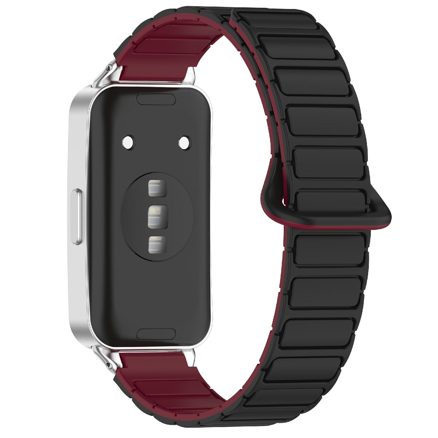 

For Huawei Band 10/9/8 Magnetic Silicone Strap 3-Bead Design Replacement Wrist Band Black/Wine Red