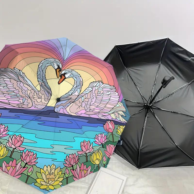 Romantic Swan Sunset Heart Shaped Automatic Opening/Closing Umbrella with Lotus Flowers Portable Folding Design,8 Bone Iron Frame Outdoor