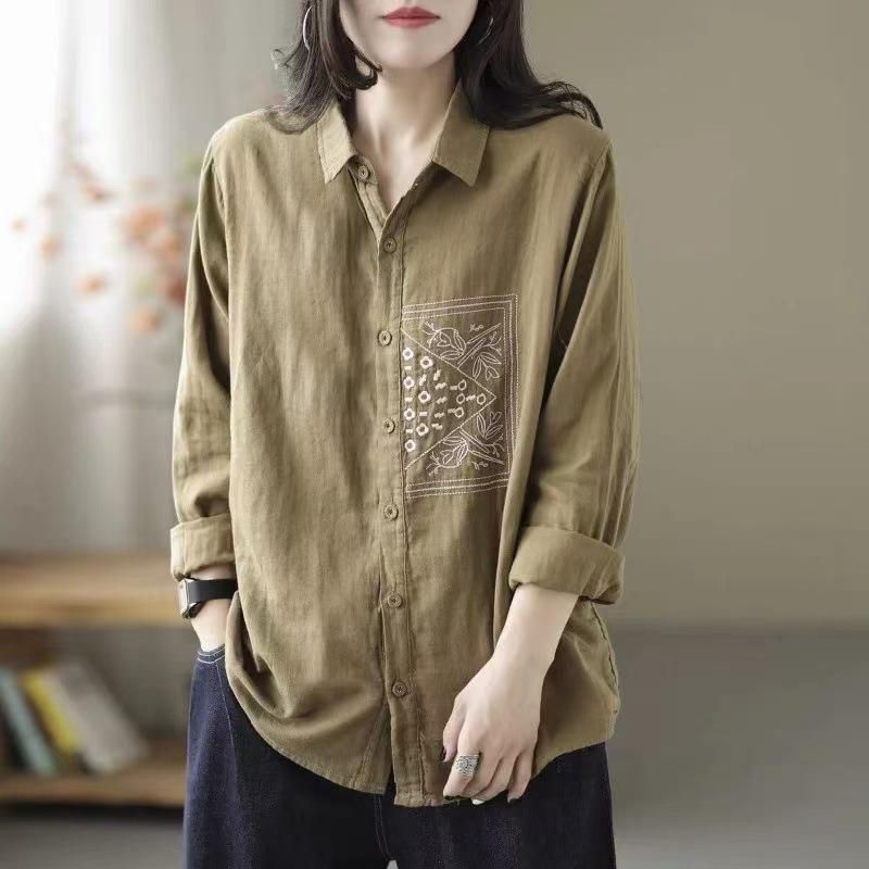 Retro Long Sleeve Large Cotton Embroidered Shirt for Women Top Flip Collar Loose Shirt for Women