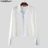 INCERUN Men Lapel Neck Long Sleeve Stitching Slightly Casual Fitted Cropped Tops Undershirts
