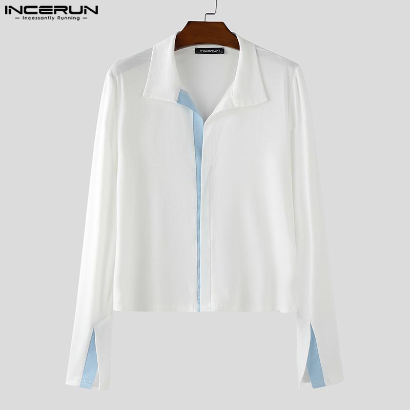 INCERUN Men Lapel Neck Long Sleeve Stitching Slightly Casual Fitted Cropped Tops Undershirts
