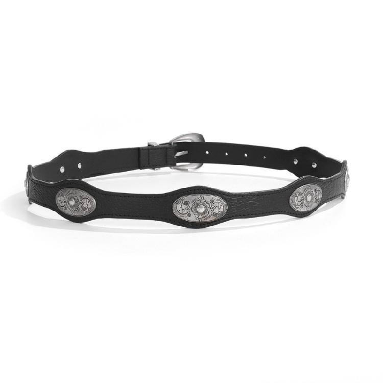 Edgy Women s Punk Rock Engraved Charm Waist Belt Adjustable Strap For Jeans With Studded PU Leather