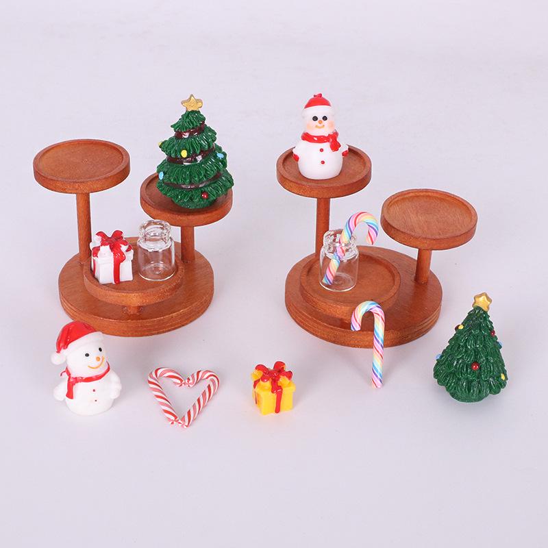 Mini Wooden Dollhouse Shelf with Resin Christmas Tree and Snowman Decor