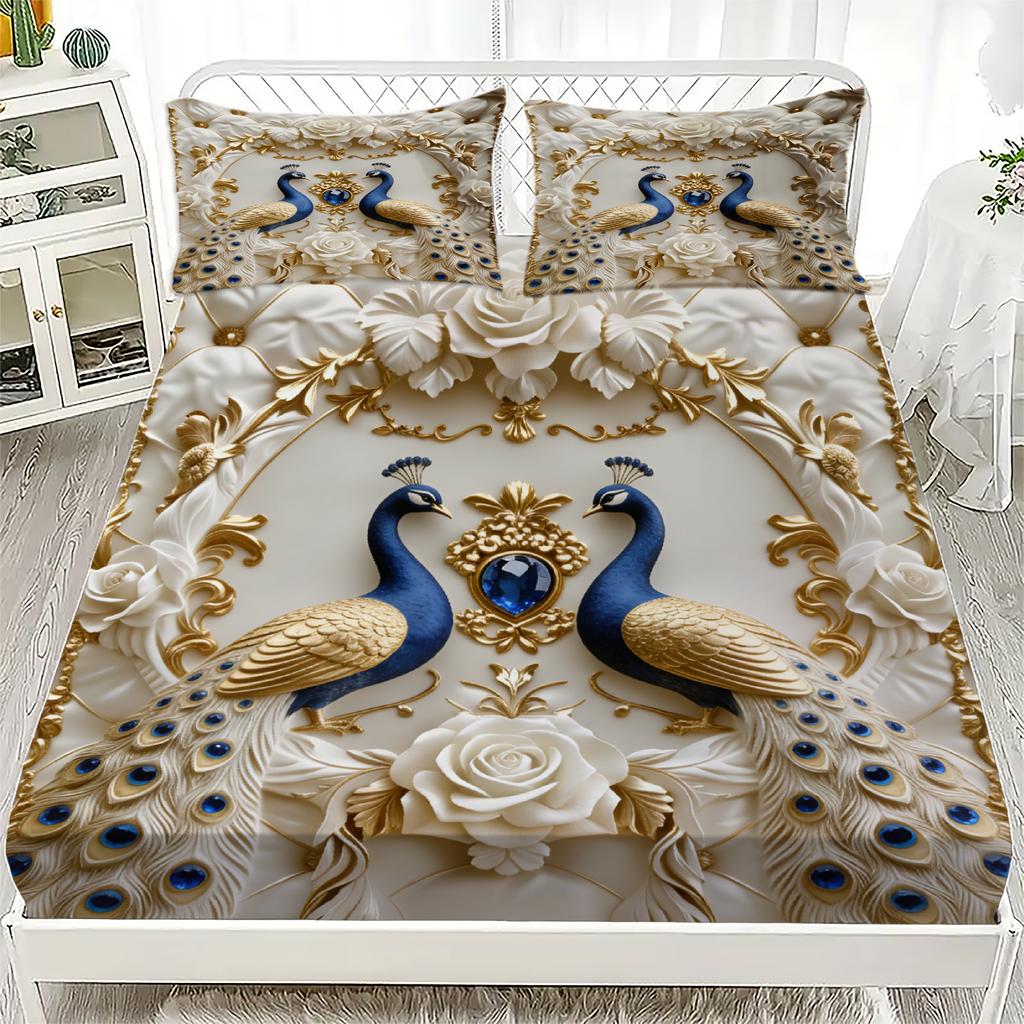 Peacock Floral Bedding Set Fitted Sheet Set Cream Gold Blue Peacock And Rose Pattern With Pillowcases For Bedroom Decor