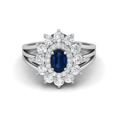 6x4MM Ovaler Blauer Saphir Edelstein 925er Sterlingsilber Halo Geteilter Schaft Ring