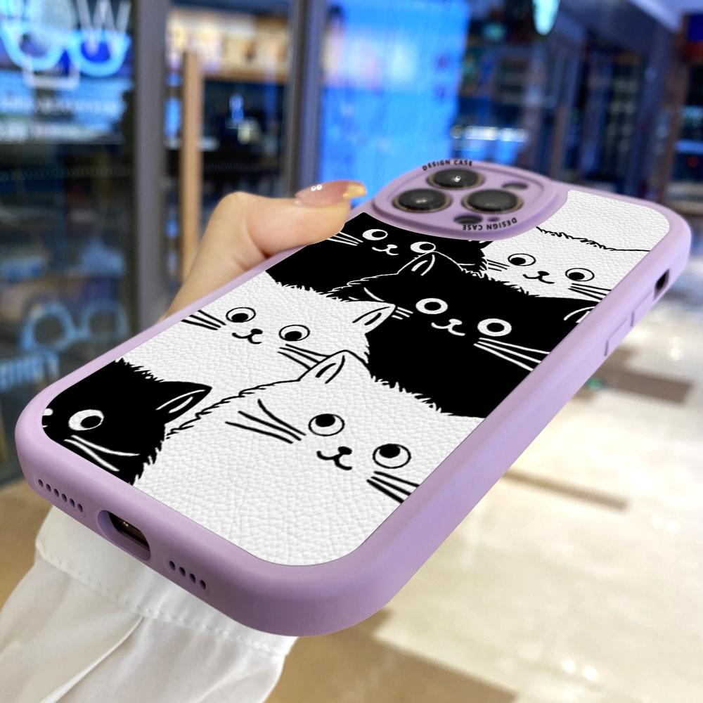 Slim Skin Feeling Cartoon Black White Cats Απαλή σιλικόνη PU Δερμάτινο κάλυμμα Θήκη τηλεφώνου για iPhone Samsung Huawei Honor Xiaomi Redmi OPPO Realme Vivo