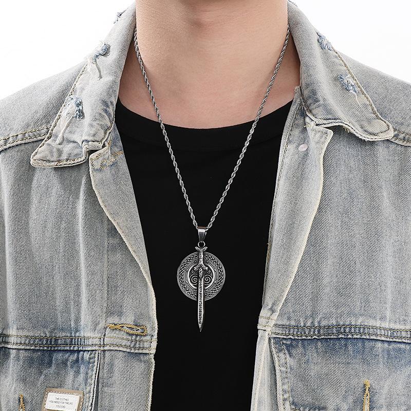 Vintage Nordic Cross Celtic Knot Charm Ornament, Viking Warrior Sword Shield Stainless Steel Men'S Pendant