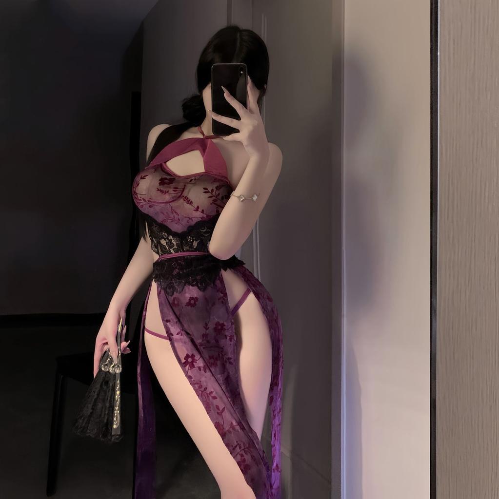 New national style backless cheongsam skirt women's new Chinese dress perspective sex underwear pure desire lace-up nightdress
