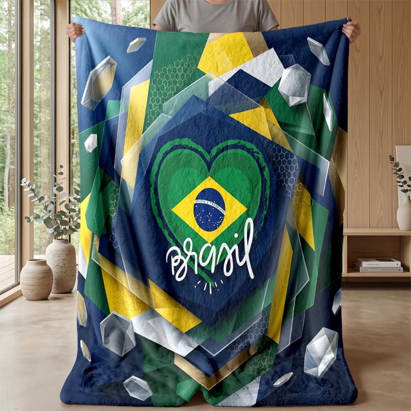 Brazil Football Printed Flannel Blanket Skin Friendly Warm Decorative Throw for Indoor Couch Bed Daily Use