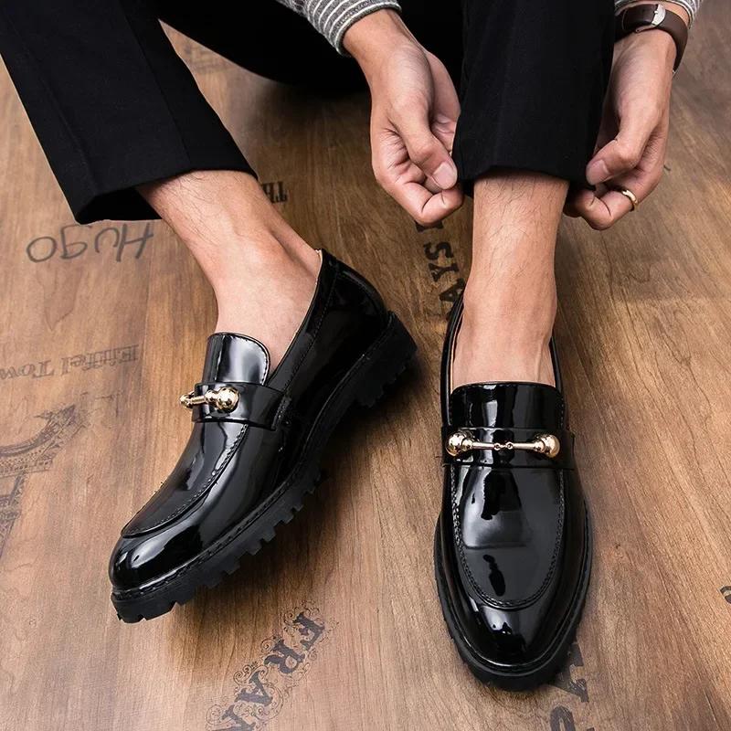 Shiny Leather Shoes for Men Platform Dress Shoes Slip On Men Loafers Party Designer Wedding Footwear Para Hombres