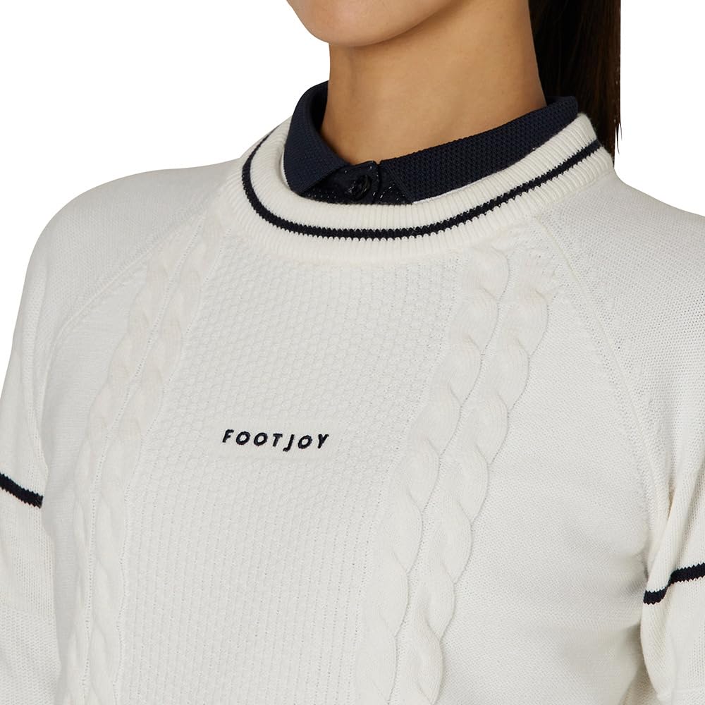 FootJoy Cable Print Long Sleeve Crew Neck Sweater with Windproof Size Lining, White, Women's, L, FJW-F24-M05, 32314-L
